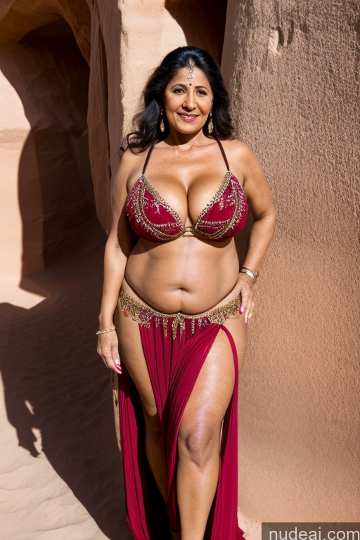 ai nude image of araffe woman in a red bikini and red skirt posing for a picture pics of Milf One Busty Big Ass 70s Long Hair Indian Cleavage Dance Dress: Belly Dance Oasis Spreading Legs Dark Lighting