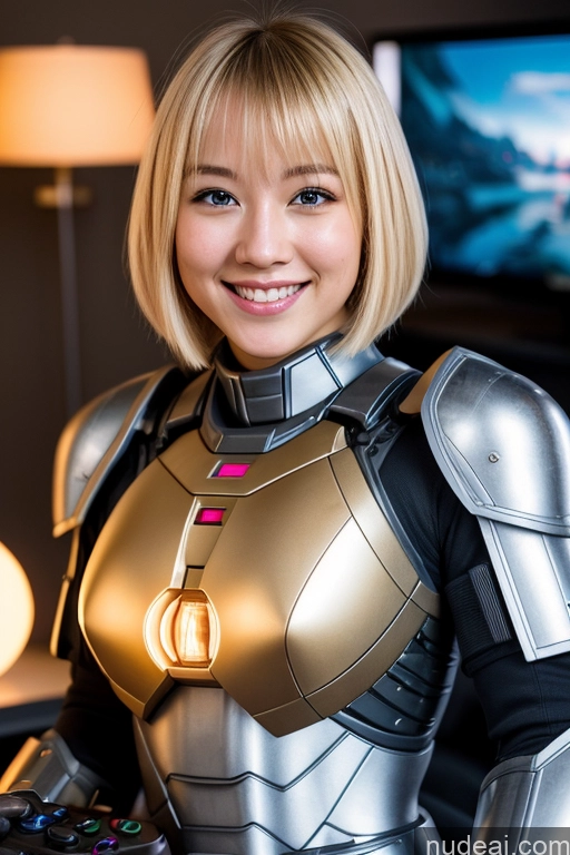 ai nude image of arafed woman in a silver and gold costume holding a remote pics of One Beautiful 20s Happy Blonde Sci-fi Armor Mech Suit Detailed Bright Lighting Gaming Bobcut Asian