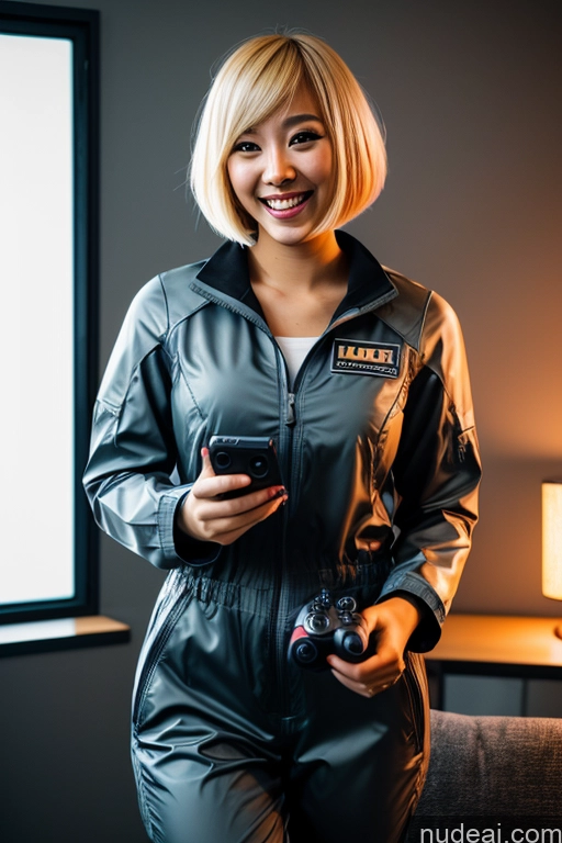 ai nude image of smiling woman in black leather jacket holding a camera and a cell phone pics of Woman One Beautiful 20s Laughing Blonde Bobcut Asian Gaming Mech Suit Detailed 3d Jumpsuit