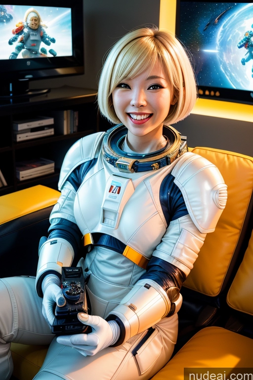 ai nude image of blond woman in white astronaut suit sitting on a yellow couch pics of Woman Beautiful Laughing Bobcut Bright Lighting Detailed One 30s Sci-fi Armor Space Suit Gaming Asian Blonde