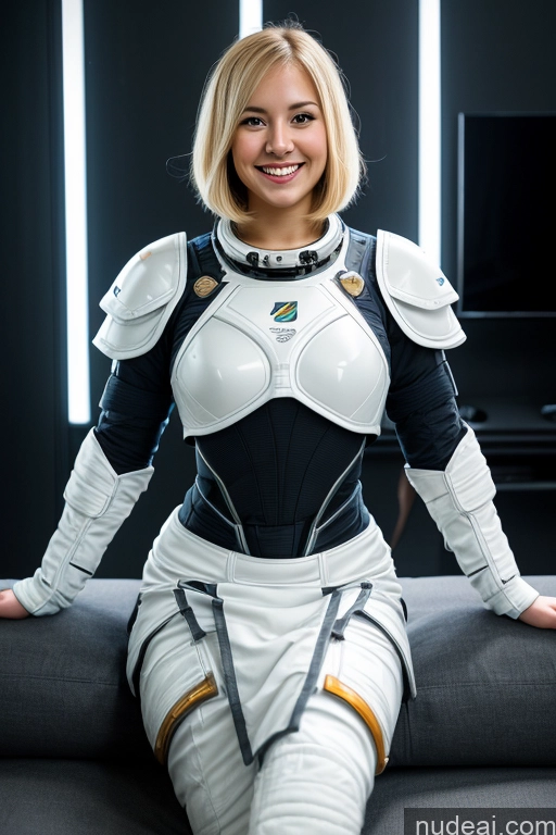 ai nude image of arafed woman in a white and black costume sitting on a couch pics of Woman Beautiful Big Hips Happy Blonde Bobcut Front View Bright Lighting Detailed Space Suit Sci-fi Armor One British 20s Couch Gaming Long Skirt