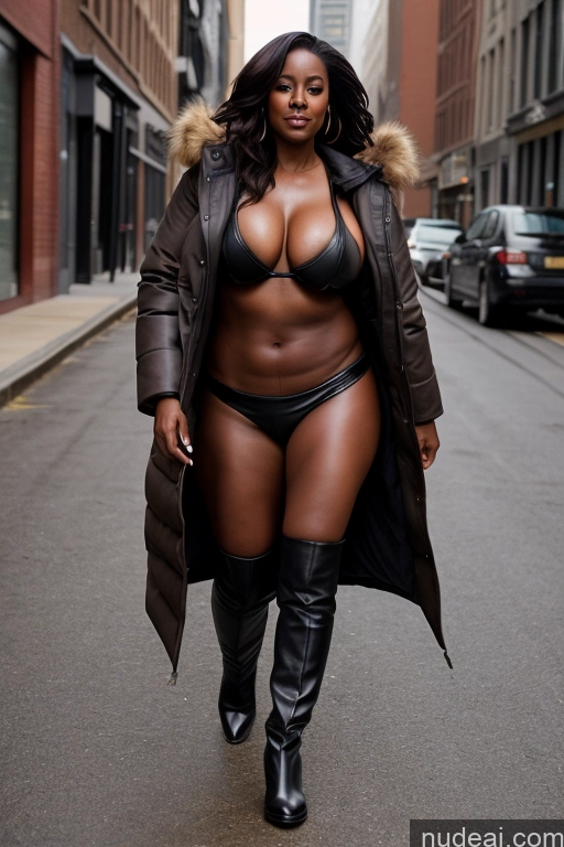 ai nude image of araffe woman in a black bikini and black boots walking down a street pics of Busty Perfect Boobs Beautiful Perfect Body Dark Skin 40s Parka Boots Leather