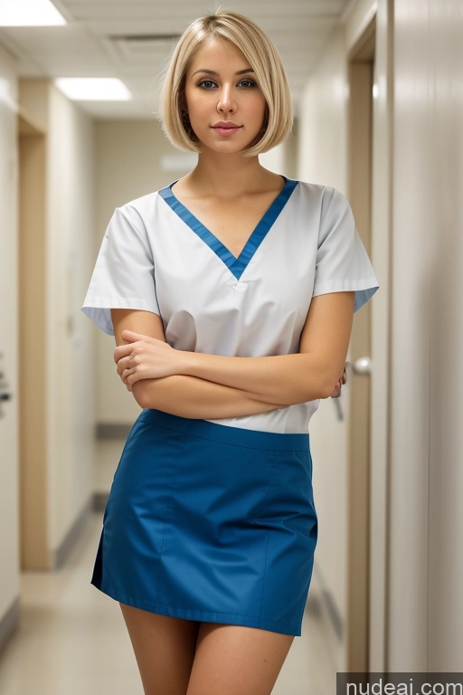 ai nude image of arafed woman in a blue skirt and white shirt standing in a hallway pics of 20s Blonde Bobcut White Hospital Woman Nurse Blouse Front View Long Skirt