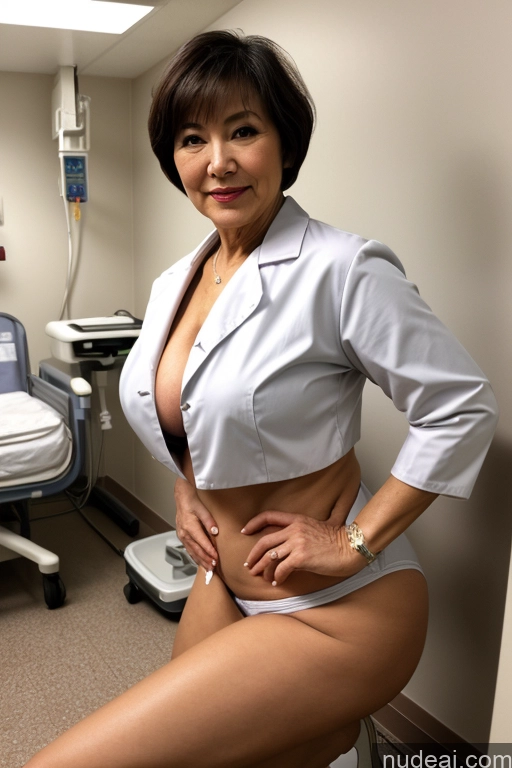 ai nude image of arafed woman in a white shirt and panties posing in a hospital room pics of Perfect Boobs Small Tits Beautiful Big Hips Perfect Body Pubic Hair 70s Short Hair Japanese Hospital Straddling Doctor Lab Coat Cleavage Partially Nude Dark Lighting Lipstick Milf