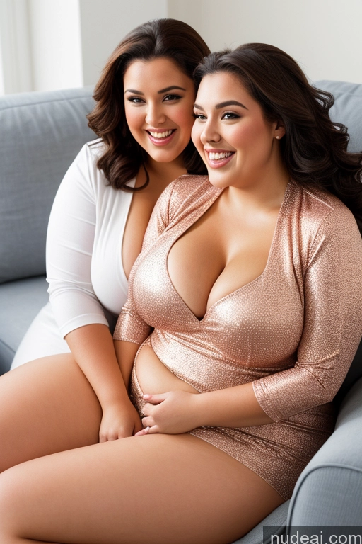 ai nude image of two women sitting on a couch posing for a picture pics of Busty Beautiful Thick British Satin Happy Laughing 30s Chubby Fat Cleavage Two Big Hips Big Ass Couch