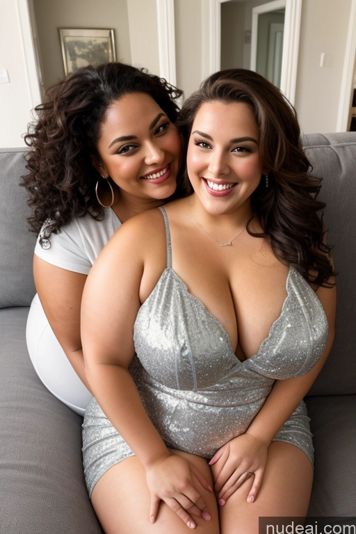 ai nude image of there are two women sitting on a couch together smiling pics of Busty Beautiful Thick British Satin Happy Laughing 30s Chubby Fat Cleavage Two Big Hips Big Ass Couch Mirror Selfie