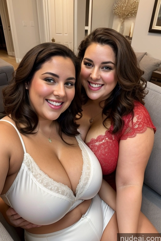 ai nude image of two women in lingersuits posing for a picture in a living room pics of Busty Beautiful Thick British Satin Happy Laughing 30s Chubby Fat Cleavage Two Big Hips Big Ass Couch Mirror Selfie