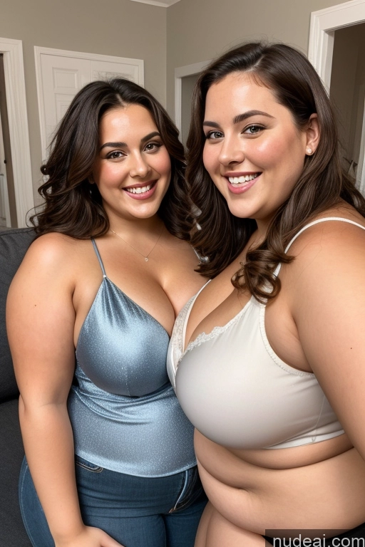 ai nude image of two women in underwear posing for a picture in a living room pics of Busty Beautiful Thick British Satin Happy Laughing 30s Chubby Fat Cleavage Two Big Hips Big Ass Couch Mirror Selfie