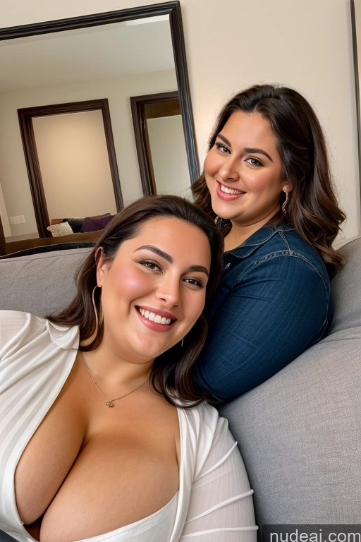 ai nude image of there are two women sitting on a couch smiling for the camera pics of Busty Beautiful Thick British Satin Happy Laughing 30s Chubby Fat Cleavage Two Big Hips Big Ass Couch Mirror Selfie