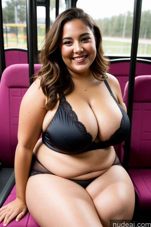 ai nude image of araffe woman in a black bra top and black panties sitting on a bus pics of Busty Beautiful Thick British Satin Happy Laughing 30s Chubby Fat Cleavage Big Hips Big Ass Bus One Woman