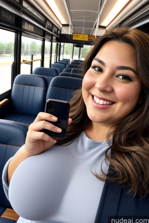 ai nude image of smiling woman holding up a cell phone in a bus pics of Woman 30s Busty Thick Chubby Beautiful Bus Satin One Mirror Selfie Front View Long Hair Happy