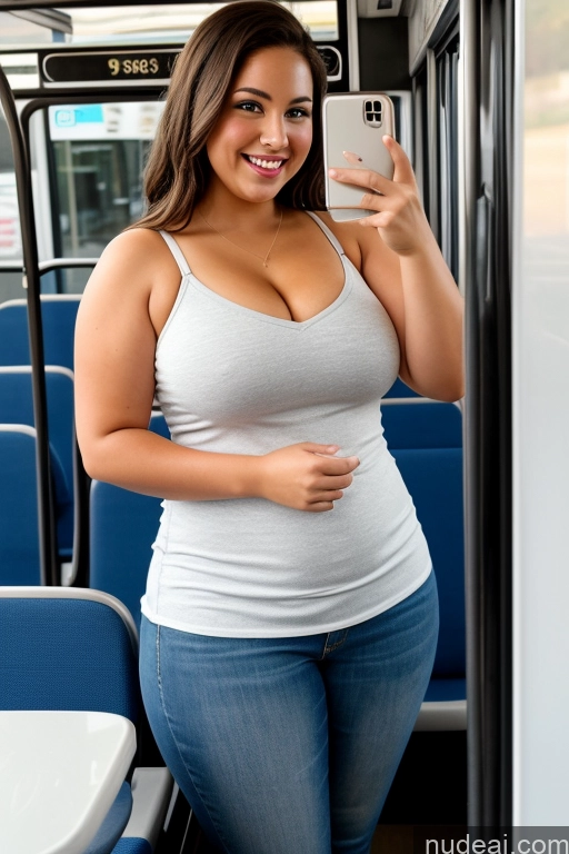 ai nude image of araffe woman in a tank top taking a selfie on a bus pics of Woman 30s Busty Thick Chubby Beautiful Bus Satin One Mirror Selfie Front View Long Hair Happy