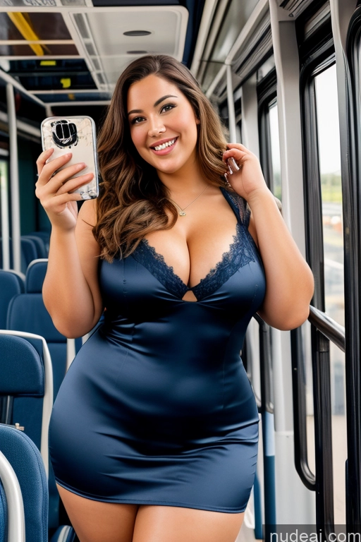 ai nude image of araffe woman in a blue dress taking a selfie on a bus pics of Woman 30s Busty Thick Chubby Beautiful Bus Satin One Mirror Selfie Front View Long Hair Happy