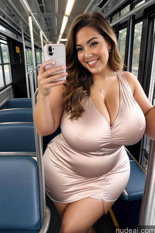 ai nude image of araffe woman in a pink dress taking a selfie on a bus pics of Woman 30s Busty Thick Chubby Beautiful Bus Satin One Mirror Selfie Front View Long Hair Happy Dress Huge Boobs Big Hips