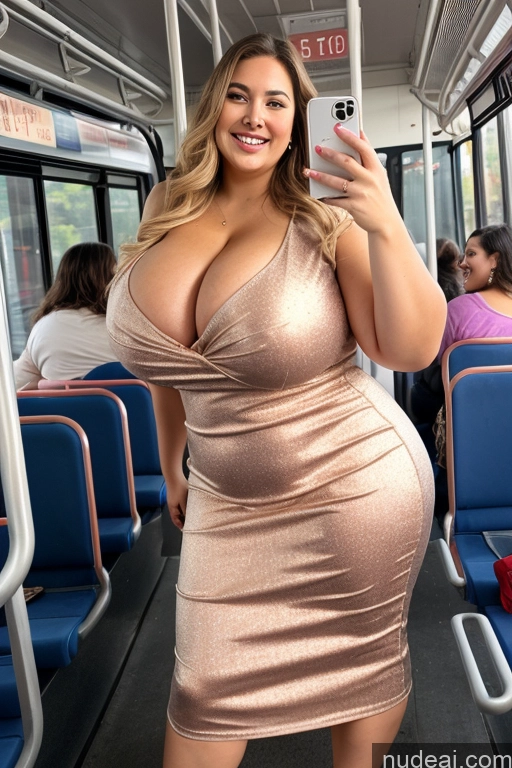 ai nude image of araffe woman in a gold dress on a bus taking a selfie pics of Woman 30s Busty Thick Chubby Beautiful Bus Satin Mirror Selfie Front View Long Hair Happy Dress Huge Boobs Big Hips Big Ass Several