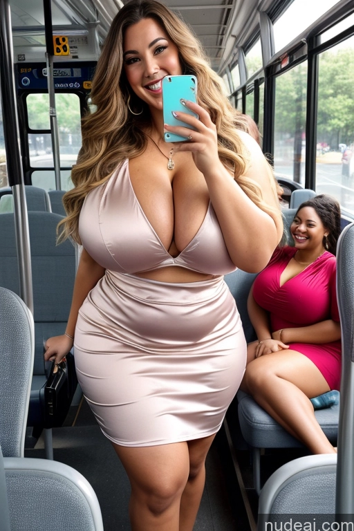 ai nude image of araffe woman in a pink dress taking a selfie on a bus pics of Woman 30s Busty Thick Chubby Beautiful Bus Satin Mirror Selfie Front View Long Hair Happy Dress Huge Boobs Big Hips Big Ass Several