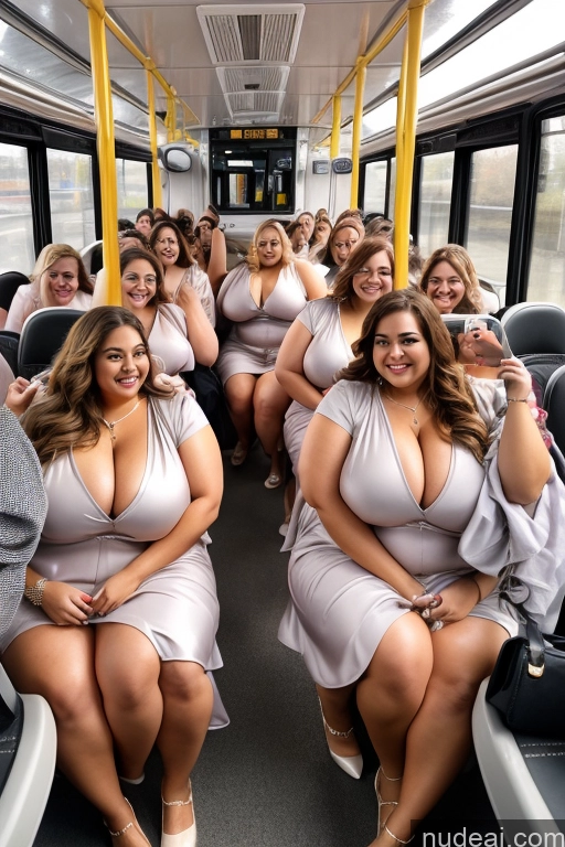 ai nude image of araffes on a bus with a lot of women in dresses pics of Woman 30s Busty Thick Chubby Beautiful Bus Satin Mirror Selfie Front View Long Hair Happy Dress Huge Boobs Big Hips Big Ass Several