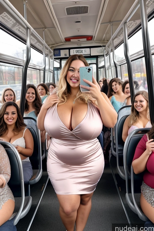 ai nude image of araffe woman in a pink dress taking a selfie on a bus pics of Woman 30s Busty Thick Chubby Beautiful Bus Satin Mirror Selfie Front View Long Hair Happy Dress Huge Boobs Big Hips Big Ass Several