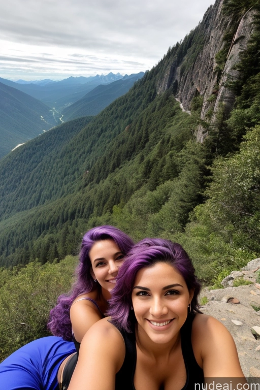 ai nude image of two women sitting on a rock with purple hair and mountains in the background pics of Skinny Beautiful Short 20s Purple Hair Straight Transparent Maid Teacher Mountains On Back Woman + Man Several Latina Front View