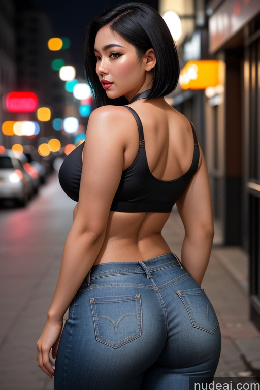 ai nude image of arafed woman in a black bra top and jeans standing on a city street pics of Perfect Boobs Big Ass 20s Seductive Black Hair Bobcut Street Back View Crop Top Jeans Detailed Thick Dark Lighting Chinese