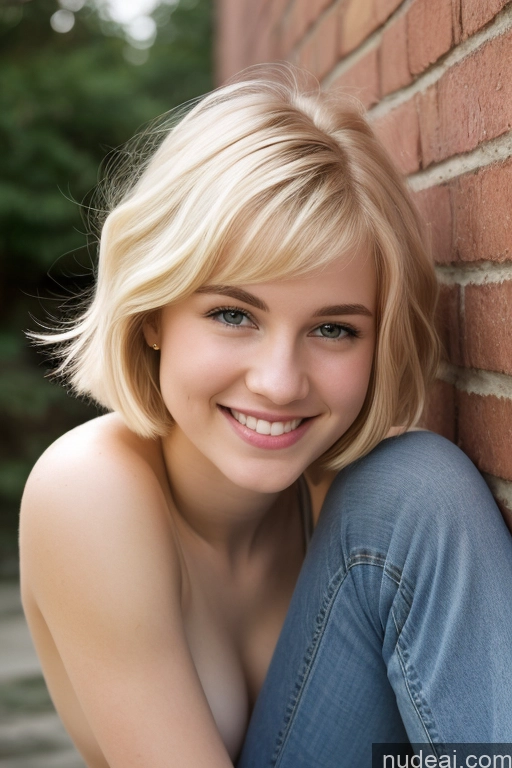 ai nude image of blonde woman sitting against a brick wall smiling for a picture pics of Small Tits Fairer Skin 18 Happy White Front View Jeans Topless Blonde Short Hair