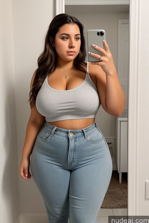 ai nude image of araffe woman taking a selfie in a mirror in a room pics of Woman One Thick 18 Serious Brunette Long Hair French Mirror Selfie Bathroom Front View Casual Fat Big Ass Big Hips