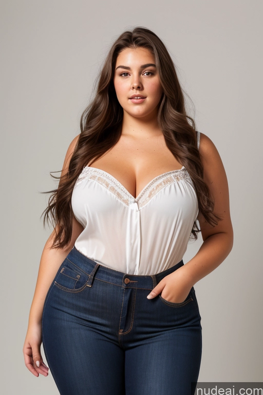 ai nude image of arafed woman in a white top and jeans posing for a picture pics of Woman One Thick Big Ass Big Hips 18 Brunette Long Hair French Front View Jeans Chemise Chubby Blouse Small Tits Shirt Suit