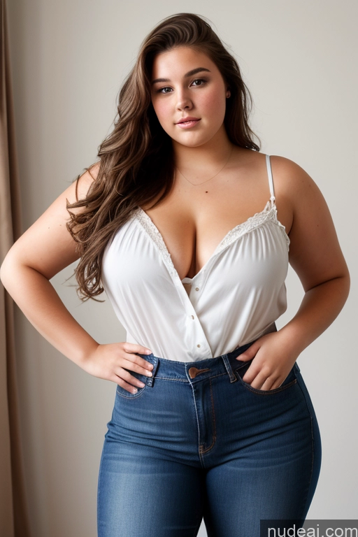 ai nude image of araffed woman in a white top and jeans posing for a picture pics of Woman One Thick Big Ass Big Hips 18 Brunette Long Hair French Front View Jeans Chemise Chubby Small Tits Shirt Suit