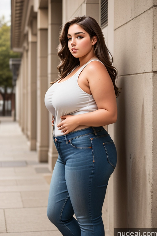 ai nude image of araffe woman in white tank top leaning against a wall pics of Woman One Thick Big Ass Big Hips 18 Brunette Long Hair French Front View Jeans Chubby Small Tits Tank Top Bomber