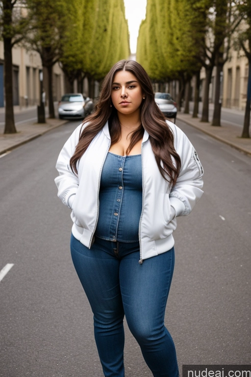 ai nude image of a pregnant woman in a white jacket and jeans standing on a street pics of Woman One Thick Big Ass Big Hips 18 Brunette Long Hair French Front View Jeans Chubby Small Tits Bomber Blouse Casual