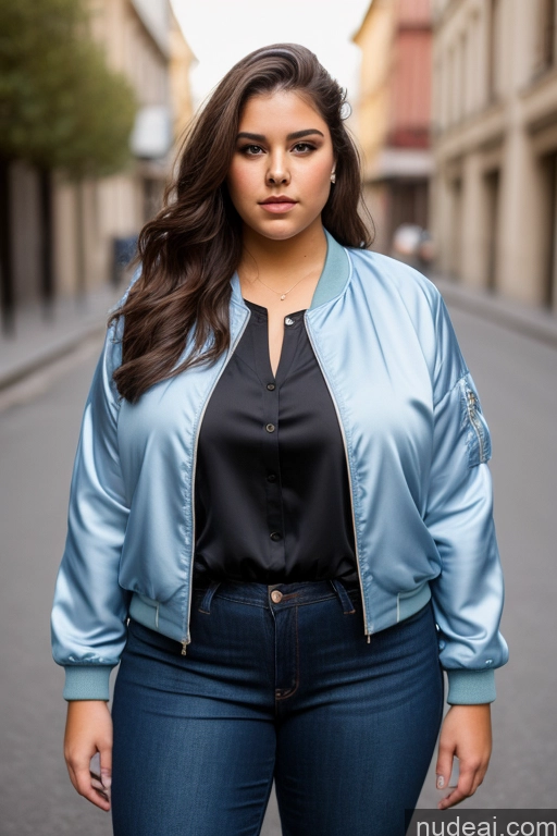 ai nude image of arafed woman in a blue jacket and jeans standing on a street pics of Woman One Thick Chubby Big Hips Big Ass 18 Serious Brunette Long Hair French Front View Blouse Bomber Casual Jeans