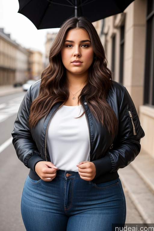 ai nude image of araffe woman in jeans and a leather jacket holding an umbrella pics of Woman One Thick Chubby Big Hips Big Ass 18 Serious Brunette Long Hair French Front View Blouse Bomber Casual Jeans