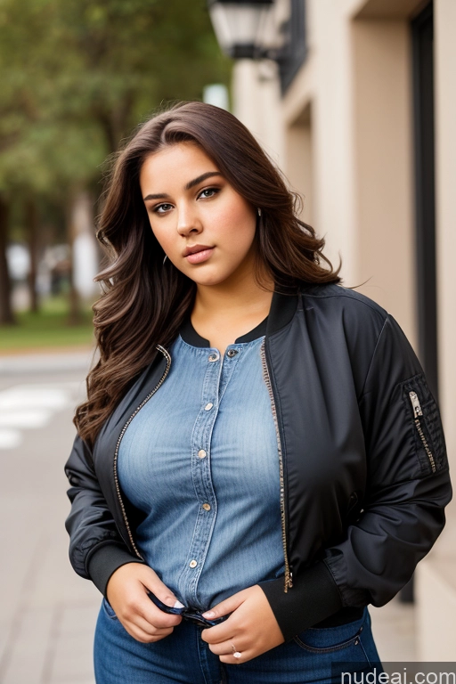 ai nude image of arafed woman in a denim shirt and black jacket posing for a picture pics of Woman One Thick Chubby Big Hips Big Ass 18 Serious Brunette Long Hair French Front View Blouse Bomber Casual Jeans