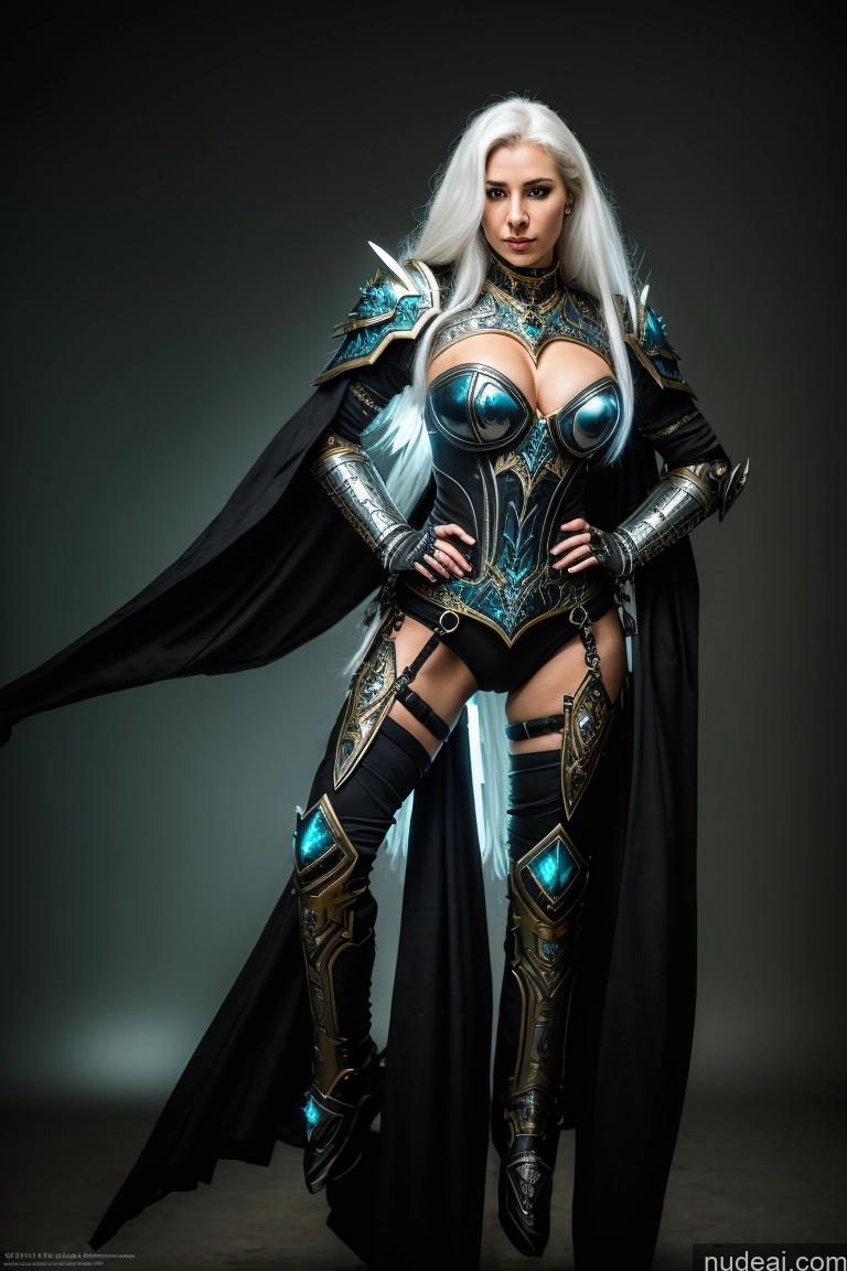 ai nude image of arafed woman in a black and blue costume with a sword pics of One Small Tits Big Ass Big Hips Long Legs 40s Seductive White Hair Long Hair Abandoned-background Front View Death Knight Diamond Jewelry Gold Jewelry Jewelry Pearl Jewelry Brazilian Cyborg Vintage