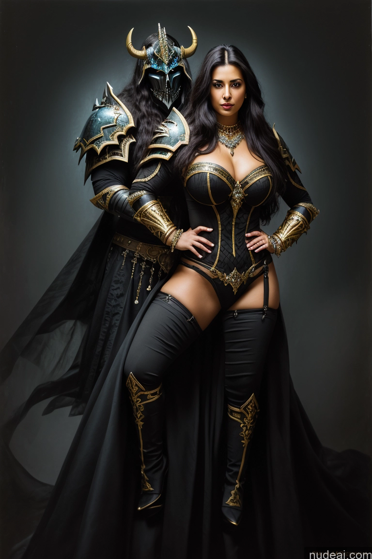 ai nude image of arafed woman in a black and gold costume posing with a demon pics of One Small Tits Big Ass Big Hips Long Legs 40s Seductive Long Hair Abandoned-background Front View Death Knight Diamond Jewelry Gold Jewelry Jewelry Pearl Jewelry Brazilian Chubby Painting Serious Black Hair Woman + Man