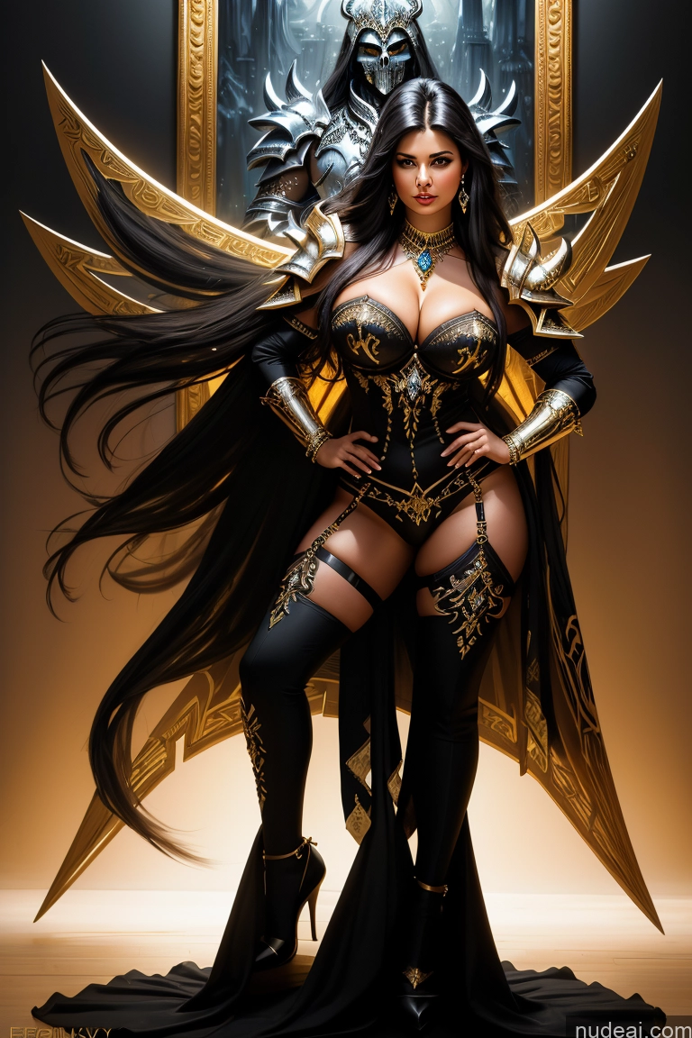 ai nude image of arafed woman in a black and gold costume posing for a picture pics of One Small Tits Big Ass Big Hips Long Legs 40s Seductive Long Hair Abandoned-background Front View Death Knight Diamond Jewelry Gold Jewelry Jewelry Pearl Jewelry Brazilian Chubby Painting Serious Black Hair Woman + Man