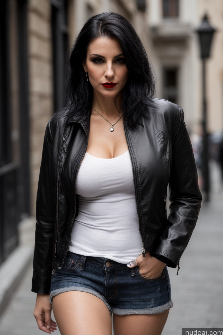 ai nude image of araffe woman in a white tank top and black leather jacket pics of Perfect Boobs Beautiful Pubic Hair Serious Sexy Face Black Hair Fairer Skin Lipstick Front View Shirt Jeans Jacket Straight Italian Leather 50s Casual Goth Woman