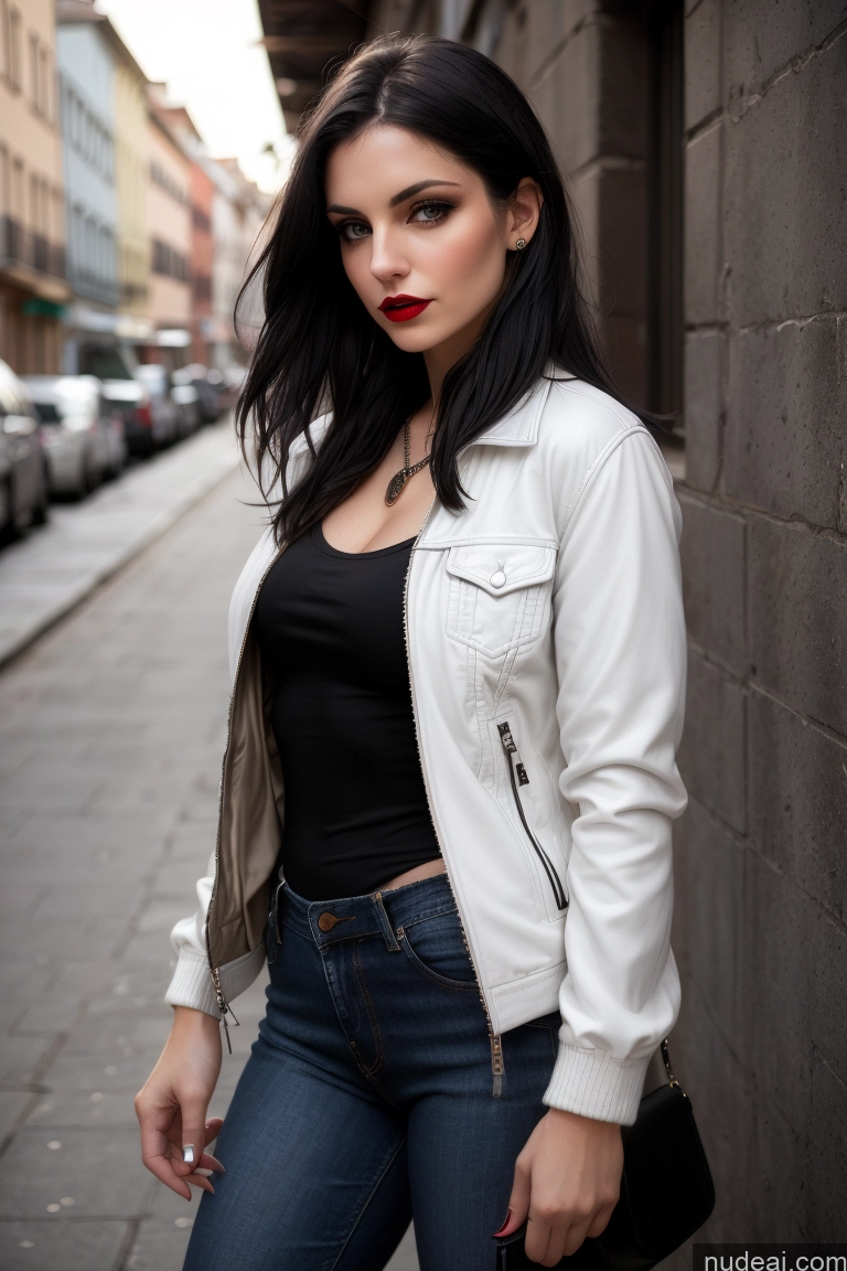 ai nude image of arafed woman in black top and white jacket standing on a sidewalk pics of Beautiful Pubic Hair Serious Sexy Face Black Hair Fairer Skin Lipstick Front View Shirt Jeans Jacket Straight Italian Leather 50s Casual Goth Woman Small Tits