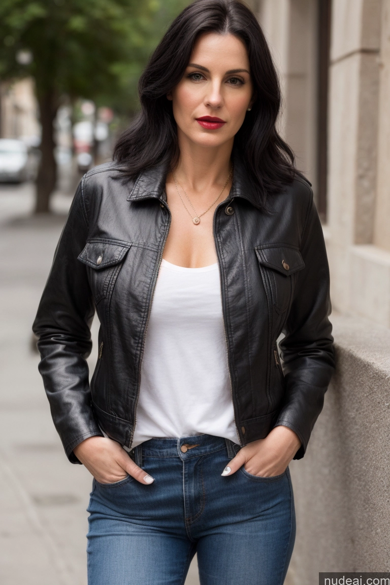 ai nude image of woman in black leather jacket standing on sidewalk next to building pics of Beautiful Pubic Hair Serious Sexy Face Black Hair Fairer Skin Lipstick Front View Shirt Jeans Jacket Straight Italian Leather 50s Casual Small Tits