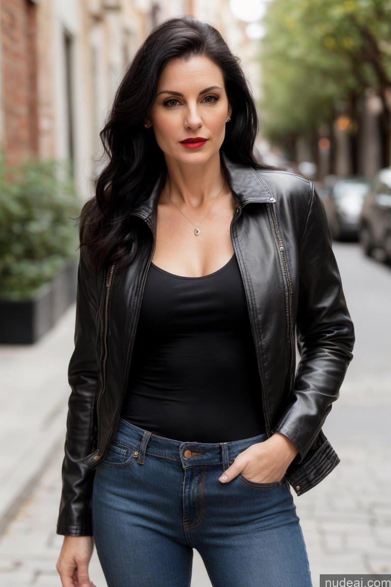 ai nude image of araffe woman in black leather jacket and jeans posing for a picture pics of Beautiful Pubic Hair Serious Sexy Face Black Hair Fairer Skin Lipstick Front View Shirt Jeans Jacket Straight Italian Leather 50s Casual Small Tits