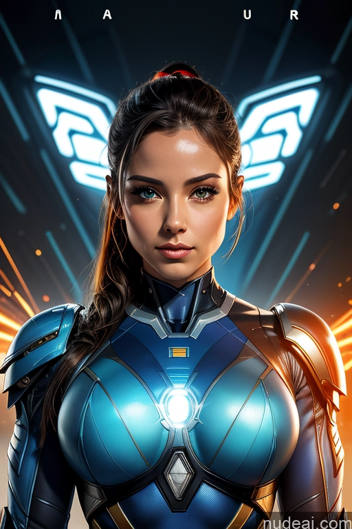 ai nude image of a close up of a woman in a blue suit with a light on her chest pics of Israel Superhero Power Rangers Busty Muscular Abs Science Fiction Style Front View Cyborg