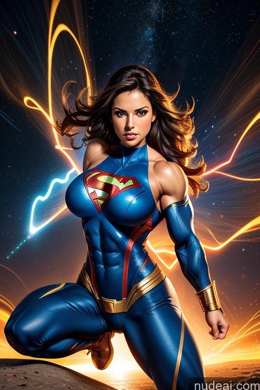 ai nude image of a close up of a woman in a blue costume with lightning pics of Israel Superhero Busty Small Tits Muscular Abs Superheroine Powering Up