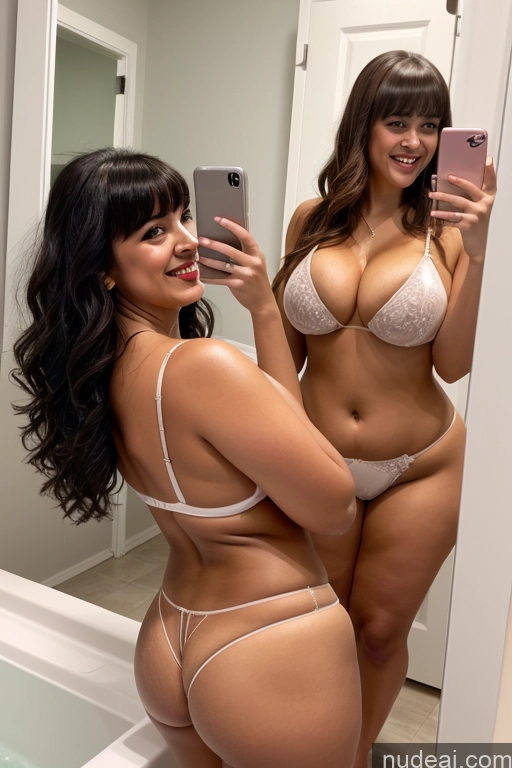 ai nude image of there are two women in the bathroom taking a picture of themselves pics of Busty Perfect Boobs Beautiful Thick Perfect Body Bangs 30s Fat Chubby Happy Laughing Thong Satin Egyptian Two Bathroom Mirror Selfie