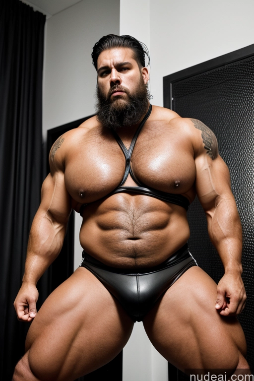 ai nude image of arafed man with a beard and a leather thong on posing for a picture pics of Bodybuilder Huge Boobs Tattoos Muscular Big Ass Abs Thick Chubby Big Hips Long Legs Tall Pubic Hair 60s Angry Black Hair Straight Italian Cumshot Bdsm