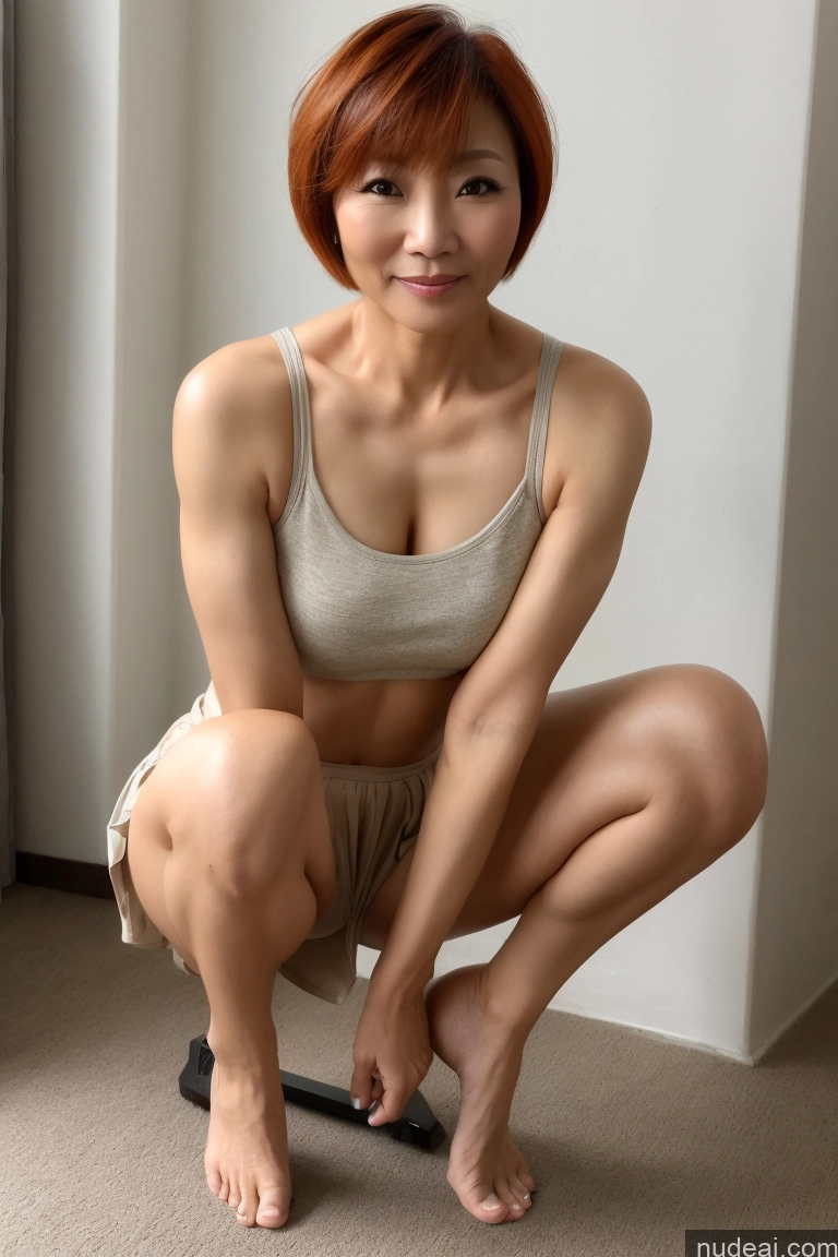 ai nude image of there is a woman kneeling on a skateboard in a room pics of Model One Beautiful Sexy Face Ginger Short Hair Front View Squatting Mini Skirt 50s Chinese