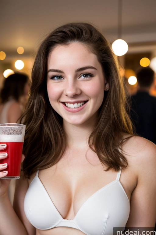 ai nude image of smiling woman in white bra top holding a drink in a glass pics of Small Tits Fairer Skin 18 Happy Brunette Front View Jeans One Topless British Party