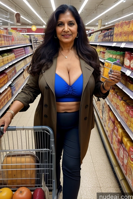 ai nude image of woman in a blue top and black pants holding a shopping cart pics of Milf One Busty Big Ass 70s Long Hair Indian Grocery Cleavage Bikini Trench Coat