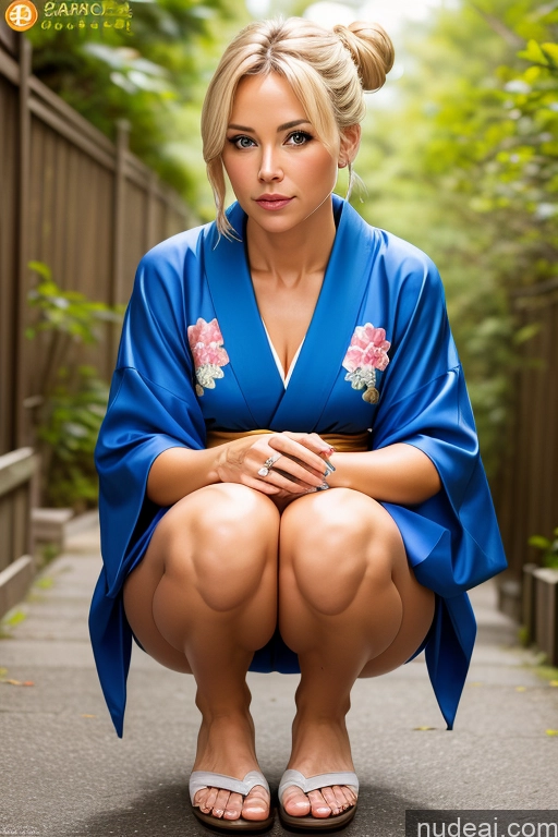 related ai porn images free for Woman One Beautiful 50s Sexy Face Blonde Hair Bun Squatting Kimono