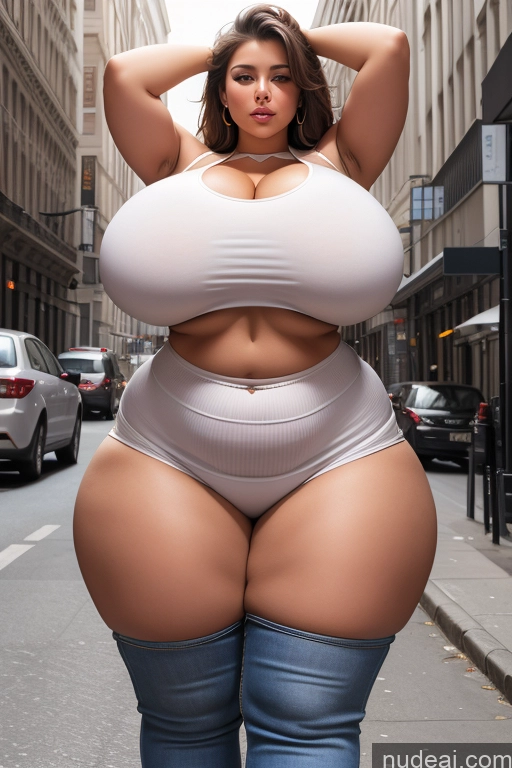 ai nude image of araffe woman in a white top and jeans posing for a picture pics of Woman One Busty Huge Boobs Perfect Boobs Beautiful Big Ass Thick Big Hips Street Crop Top