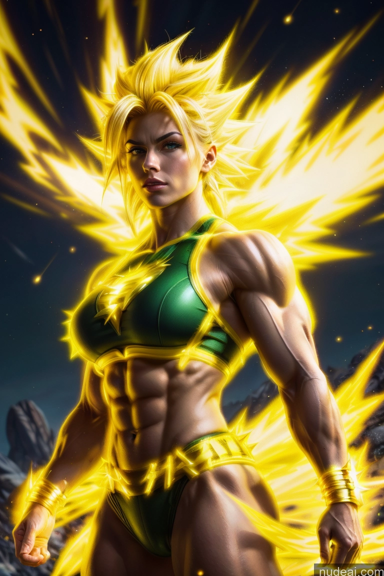 ai nude image of a close up of a woman in a bikini with a yellow fire pics of Busty Muscular Super Saiyan 3 Super Saiyan Science Fiction Style Abs Bodybuilder Powering Up Neon Lights Clothes: Yellow Superhero